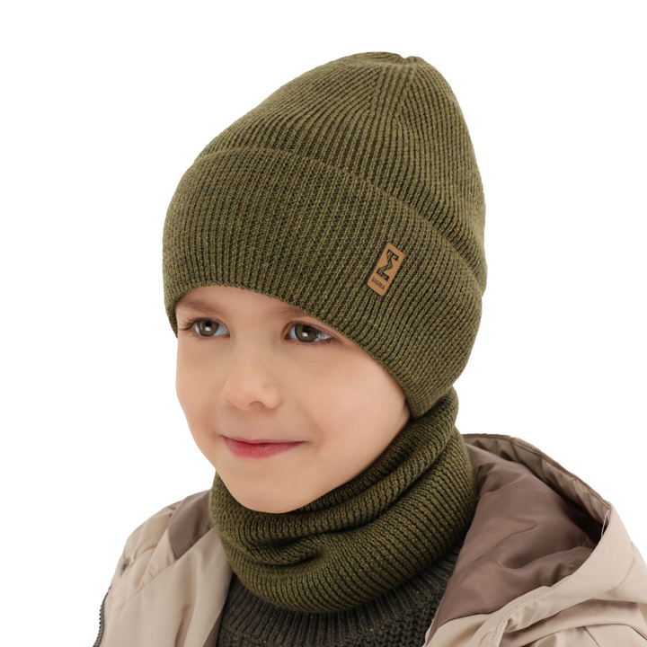Pojke höst/vår set: mössa och halsduk, khaki, 100% Merino Ull, Bruce