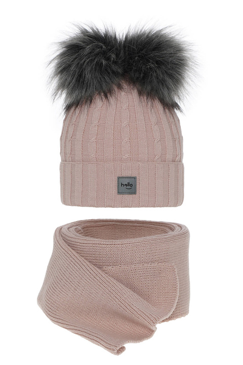 Flicka vinter set: mössa och halsduk, rosa, med två pompommar, Zenda