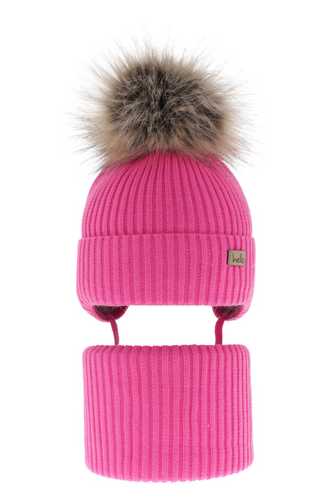 Flicka vinter set: mössa och halsduk, rosa, med knytband, med pompom, Bria