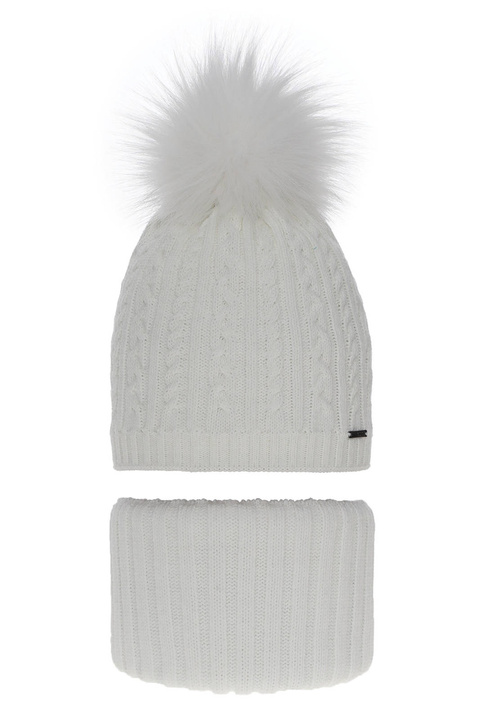 Flicka vinter set: mössa och tubhalsduk, vit, med pompom, Rima