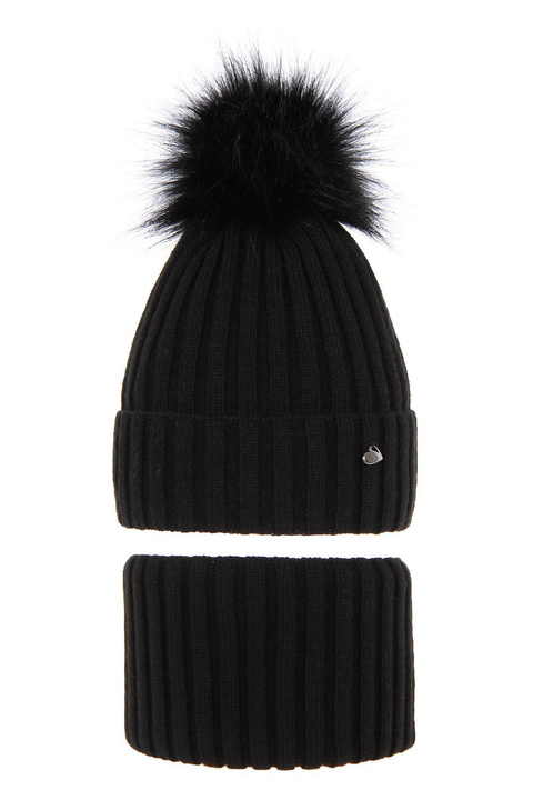 Flicka vinter set: mössa och tubhalsduk, svart, med pompom, Wilma