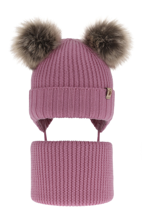 Flicka vinter set: mössa och tubhalsduk, grå, med knytband, med två pompommar, 100% Merino Ull, Silvia