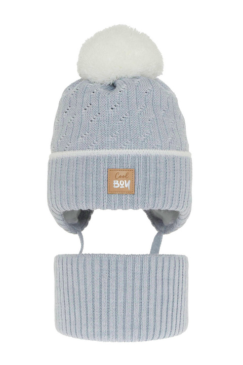 Pojke vinter set: mössa och tubhalsduk, blå, med pompom, knytband, Pikolo
